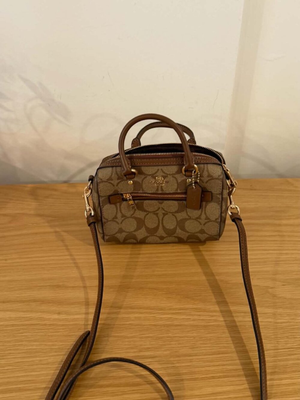 Coach Mini Rowan Crossbody – Signature Canvas, Khaki/Saddle
